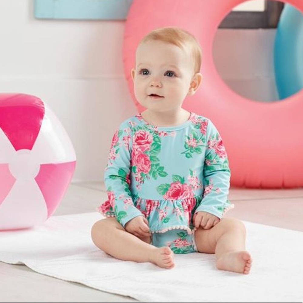 Mud Pie Aqua Rose Rash Guard Baby Swimsuit